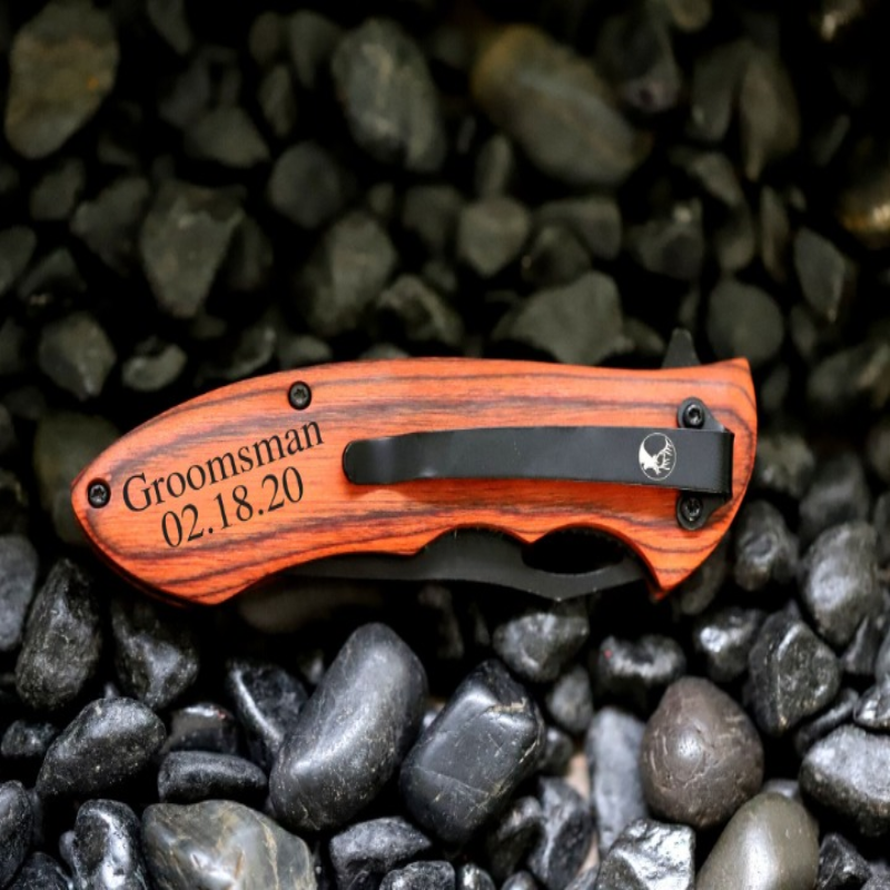 Personalized Engraved Pocket Knife With Wooden Handle