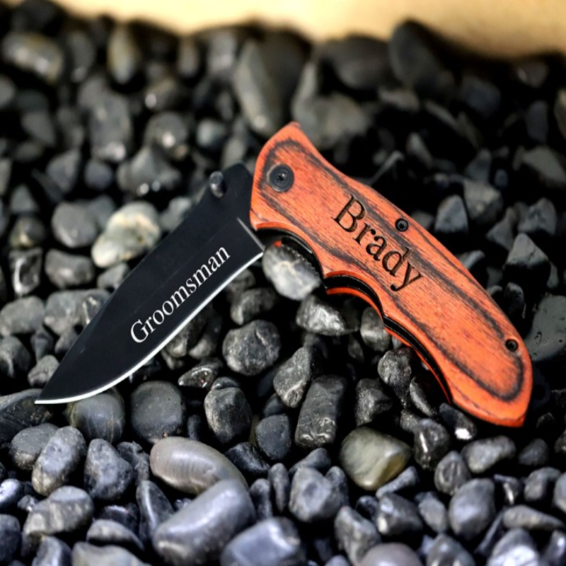Personalized Engraved Pocket Knife With Wooden Handle