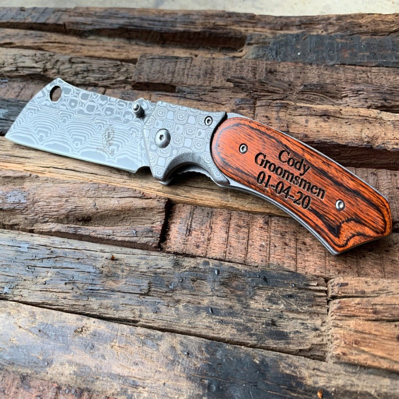 Engraved Damascus Pocket Knife