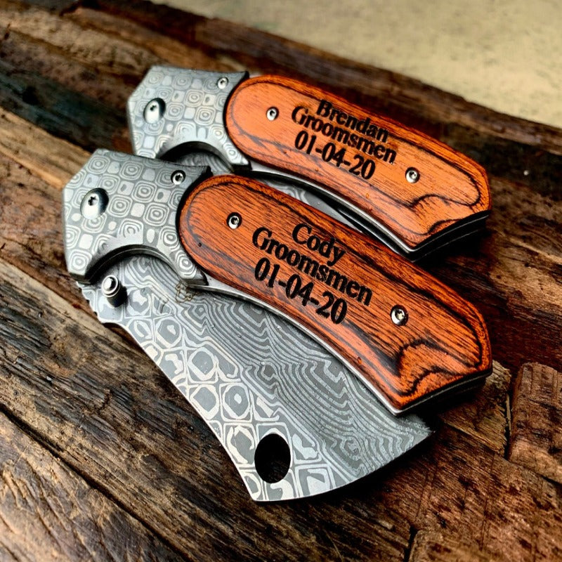 Engraved Damascus Pocket Knife