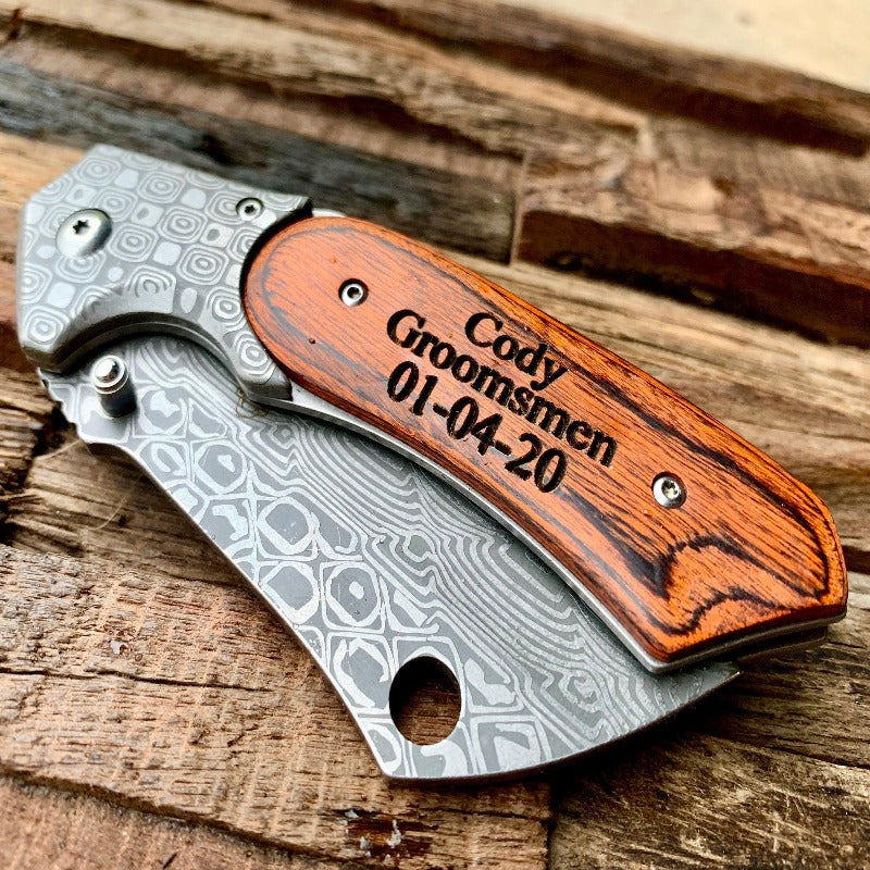 Personalized Engraved Damascus Pocket Knife